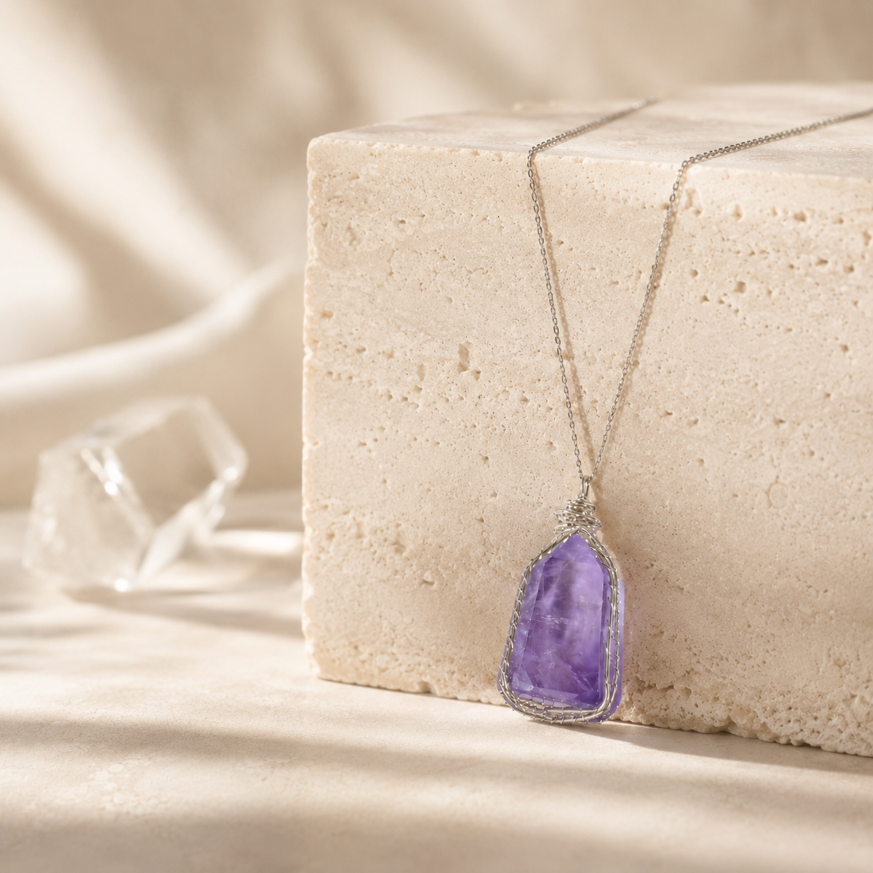 Amethyst pendant necklace on a beige stone block with a neutral background