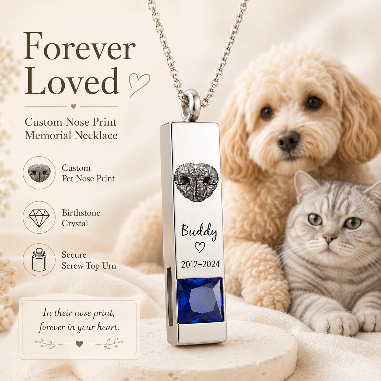 Personalized pet nose print necklace with blue birthstone, custom name and meaningful date beside a dog and cat