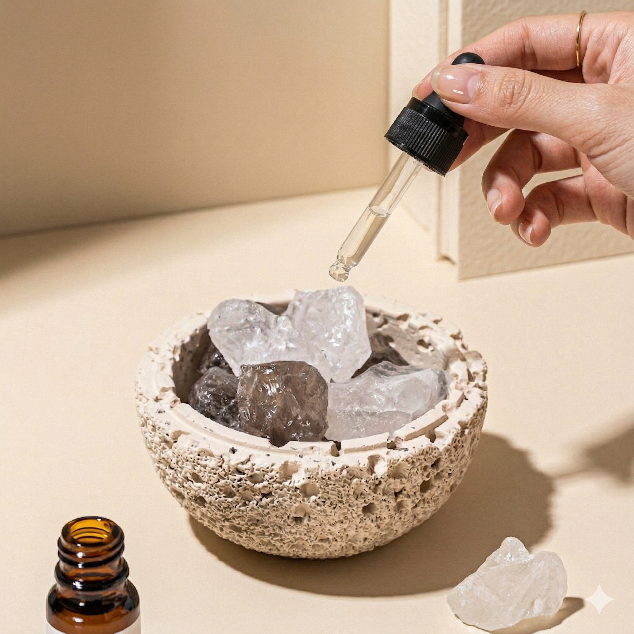Hand dropping liquid into a bowl with crystals, surrounded by additional crystals and a bottle on a neutral background