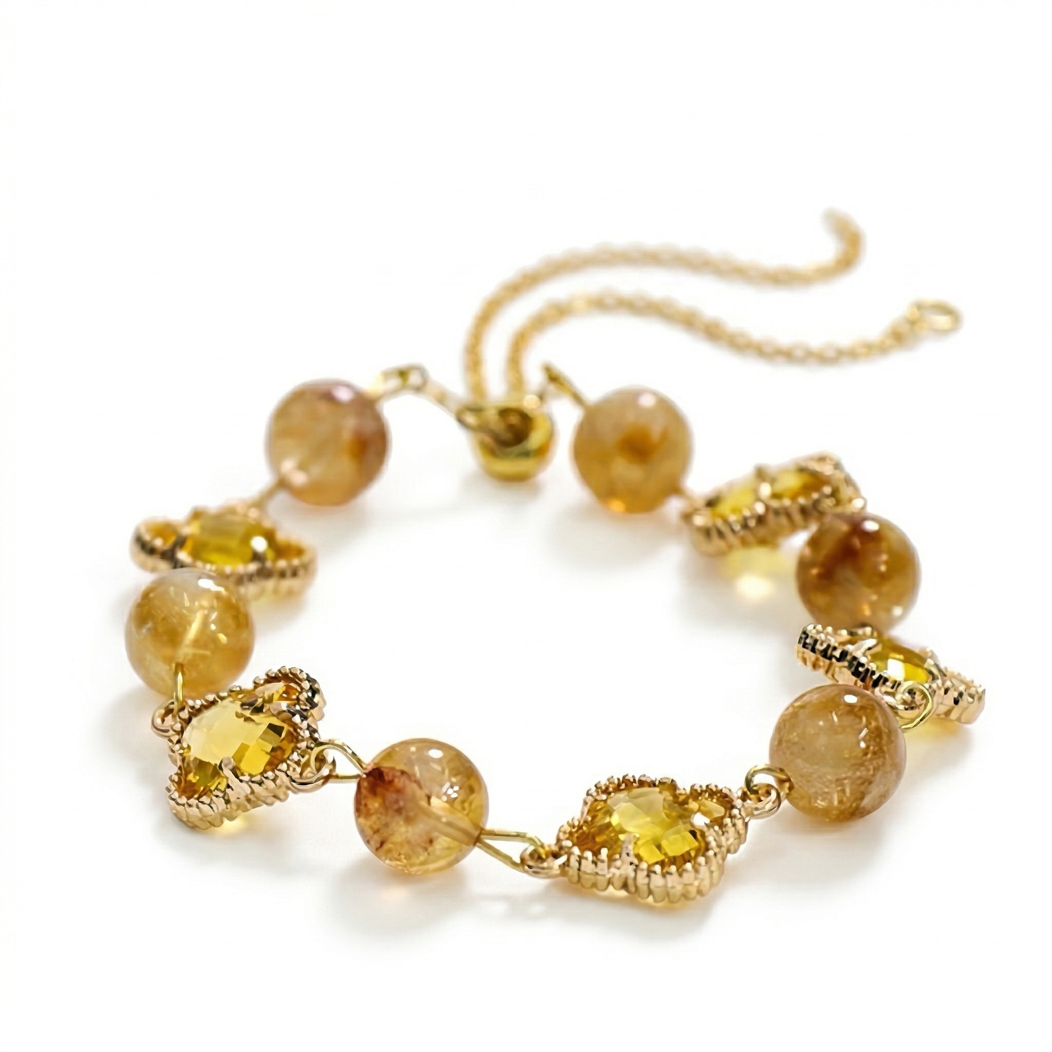 natural citrine clover bracelet with golden crystal clover charms symbolizing abundance and wealth