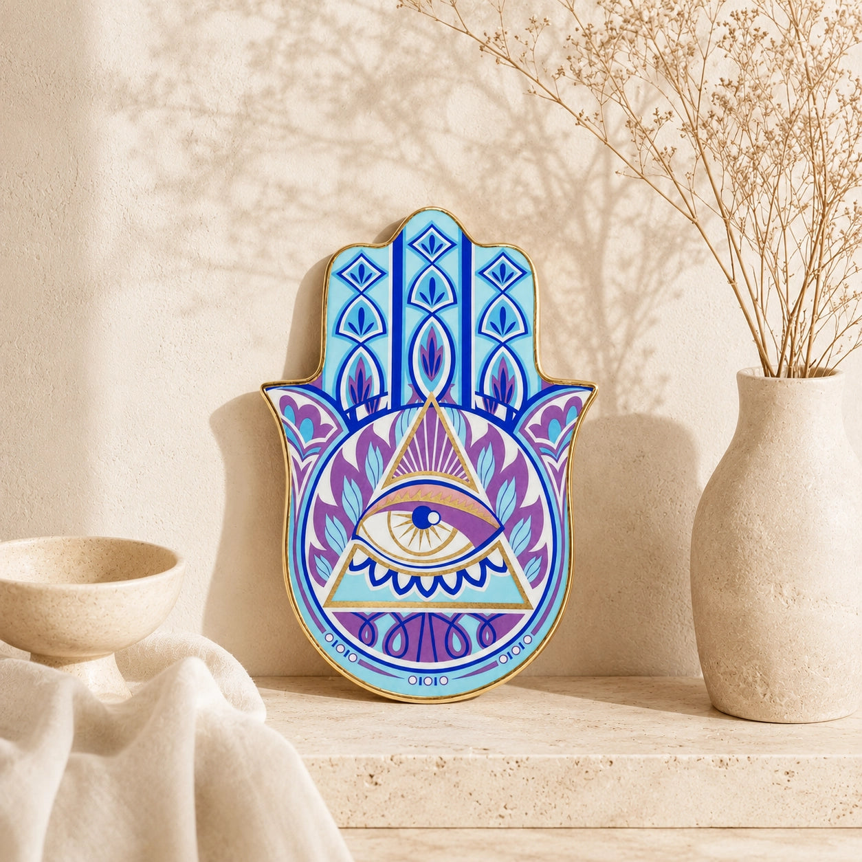 Mystic Hamsa Evil Eye Ceramic Trinket Dish with triangle eye symbol displayed as intuition and spiritual clarity decor.