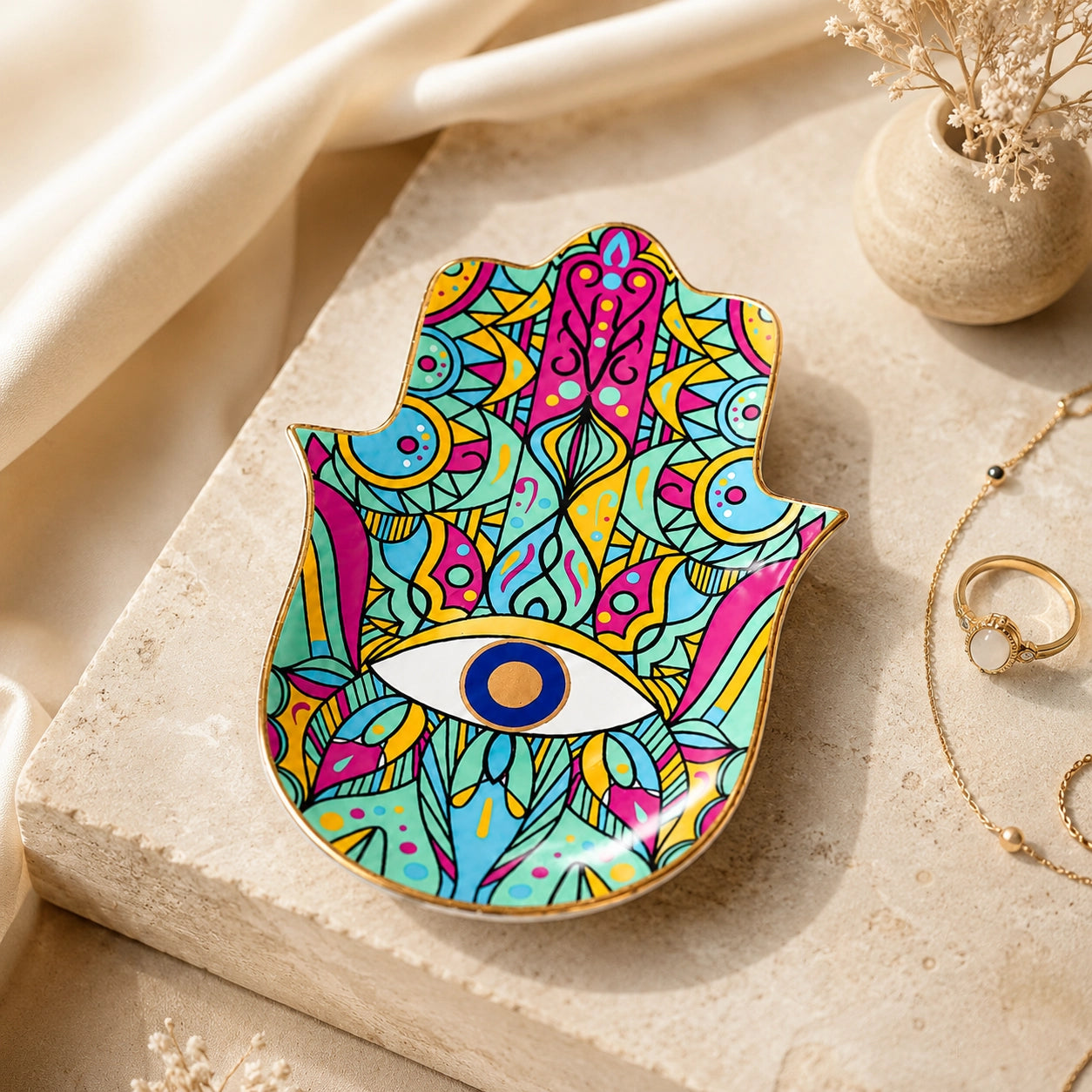 Colorful Hamsa Evil Eye Ceramic Trinket Dish for rings, jewelry, keys, and crystals with vibrant spiritual patterns and glossy finish.