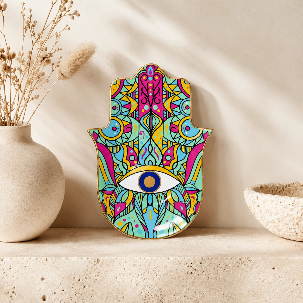 Hamsa Evil Eye Ceramic Trinket Dish with colorful protective eye design styled as positive energy home decor on a neutral shelf.