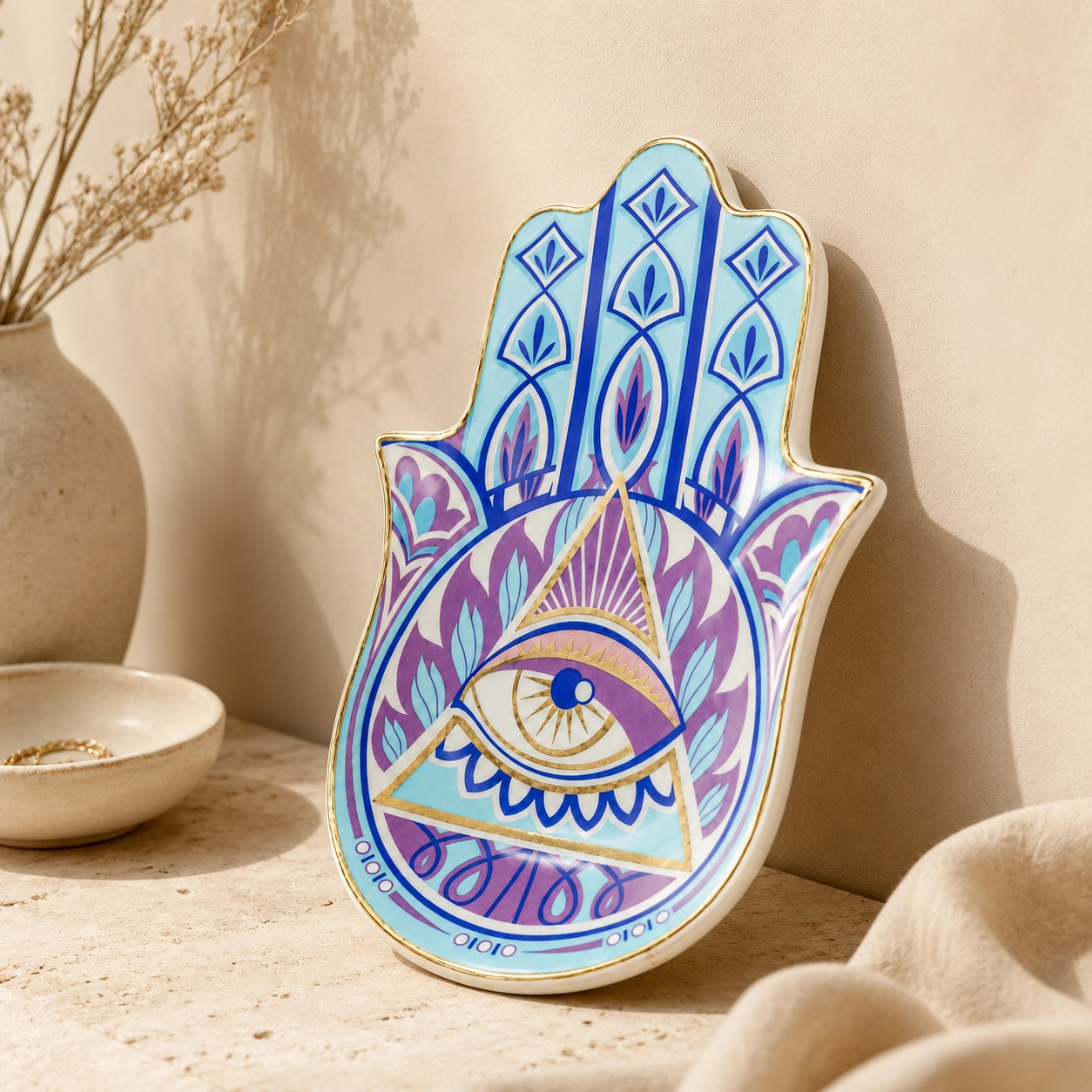 Hamsa Evil Eye Ceramic Trinket Dish with mystical blue purple pattern, triangle eye symbol, gold details, and glossy ceramic finish.