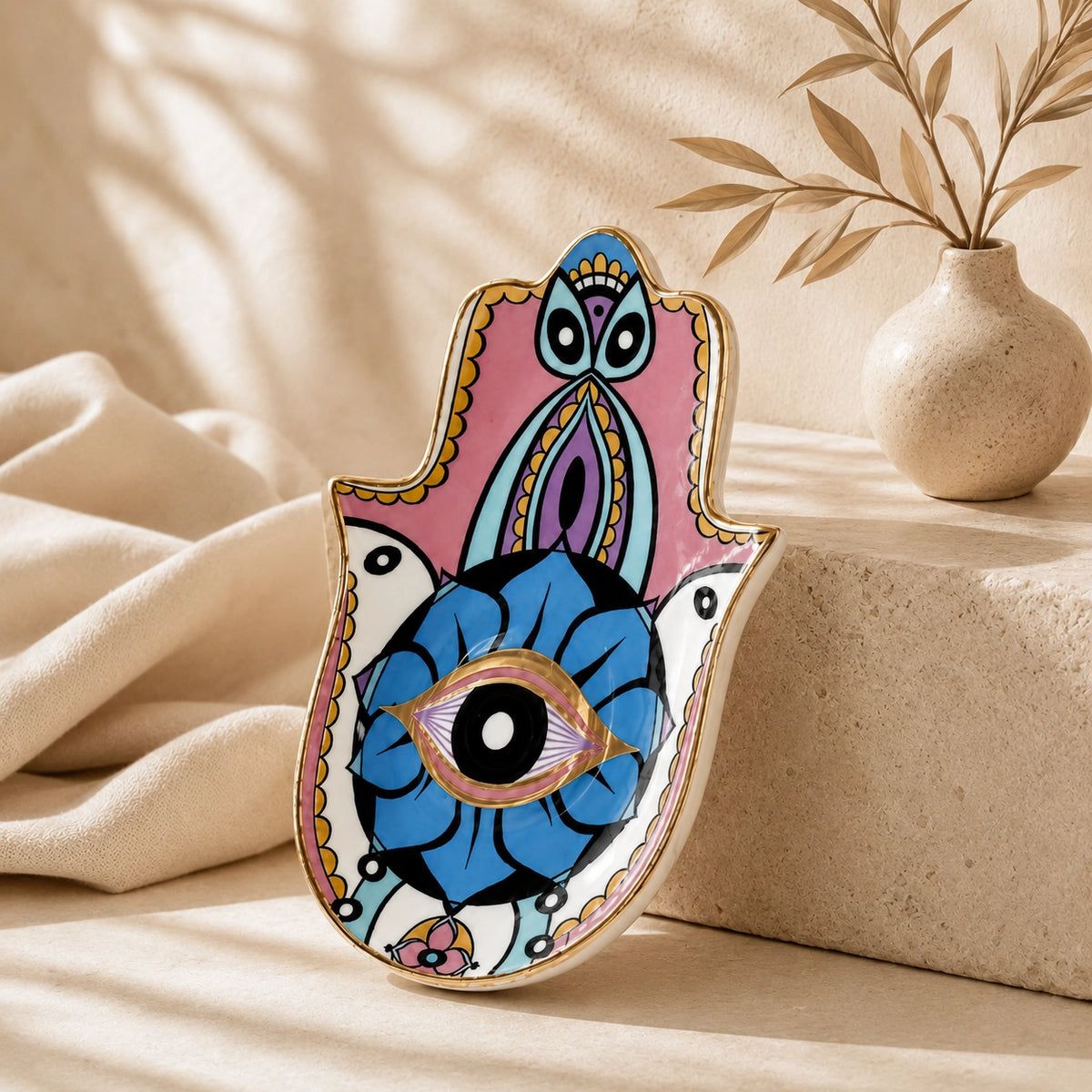 Pastel Hamsa Evil Eye Ceramic Trinket Dish with blue pink design, protective eye symbol, and glossy ceramic finish.