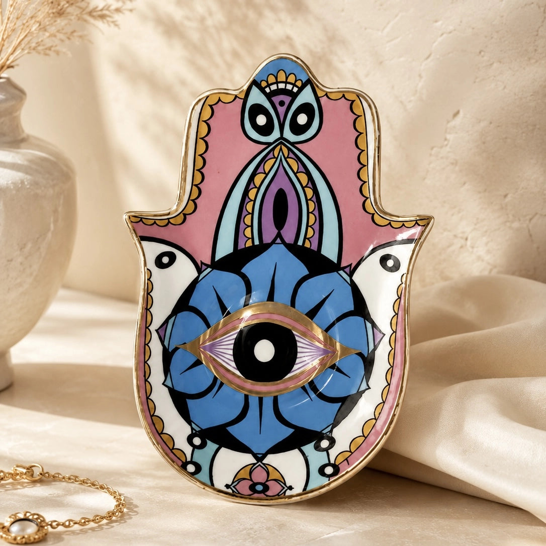 Pastel Hamsa Evil Eye Ceramic Trinket Dish with blue pink and gold details styled as self-care home decor.