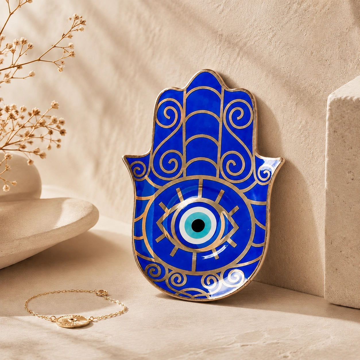 Blue Hamsa Evil Eye Ceramic Trinket Dish displayed as spiritual protection decor on a neutral shelf.