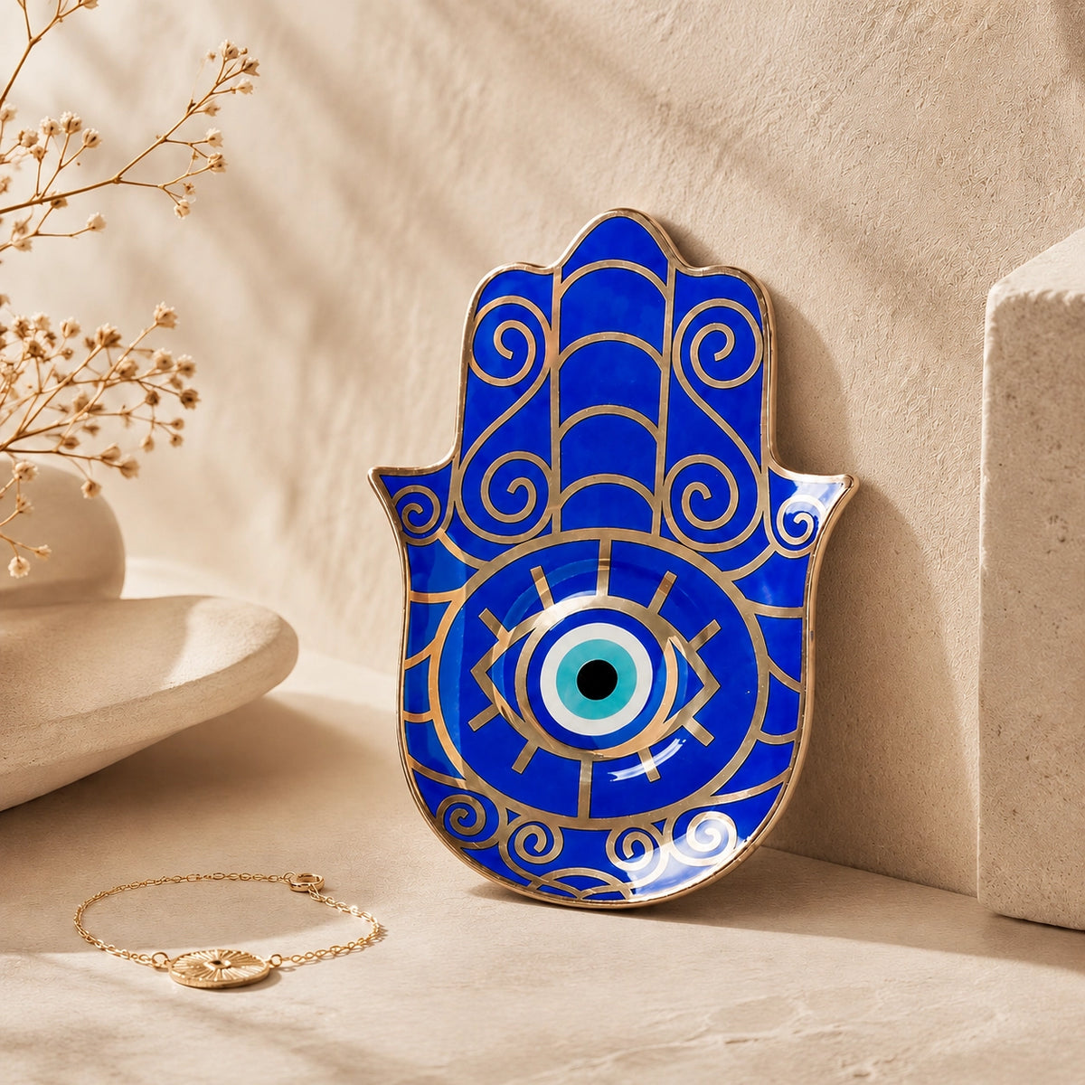 Blue Hamsa Evil Eye Ceramic Trinket Dish displayed as spiritual protection decor on a neutral shelf.