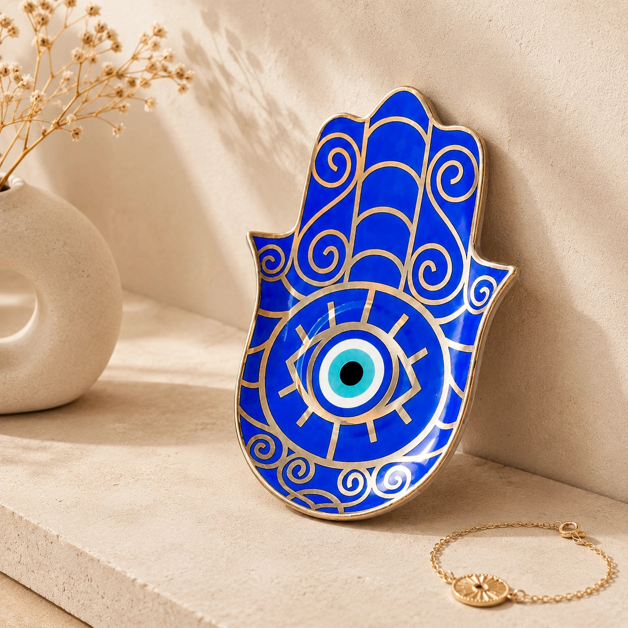 Blue Hamsa hand with eye design on a beige surface with a vase and bracelet.