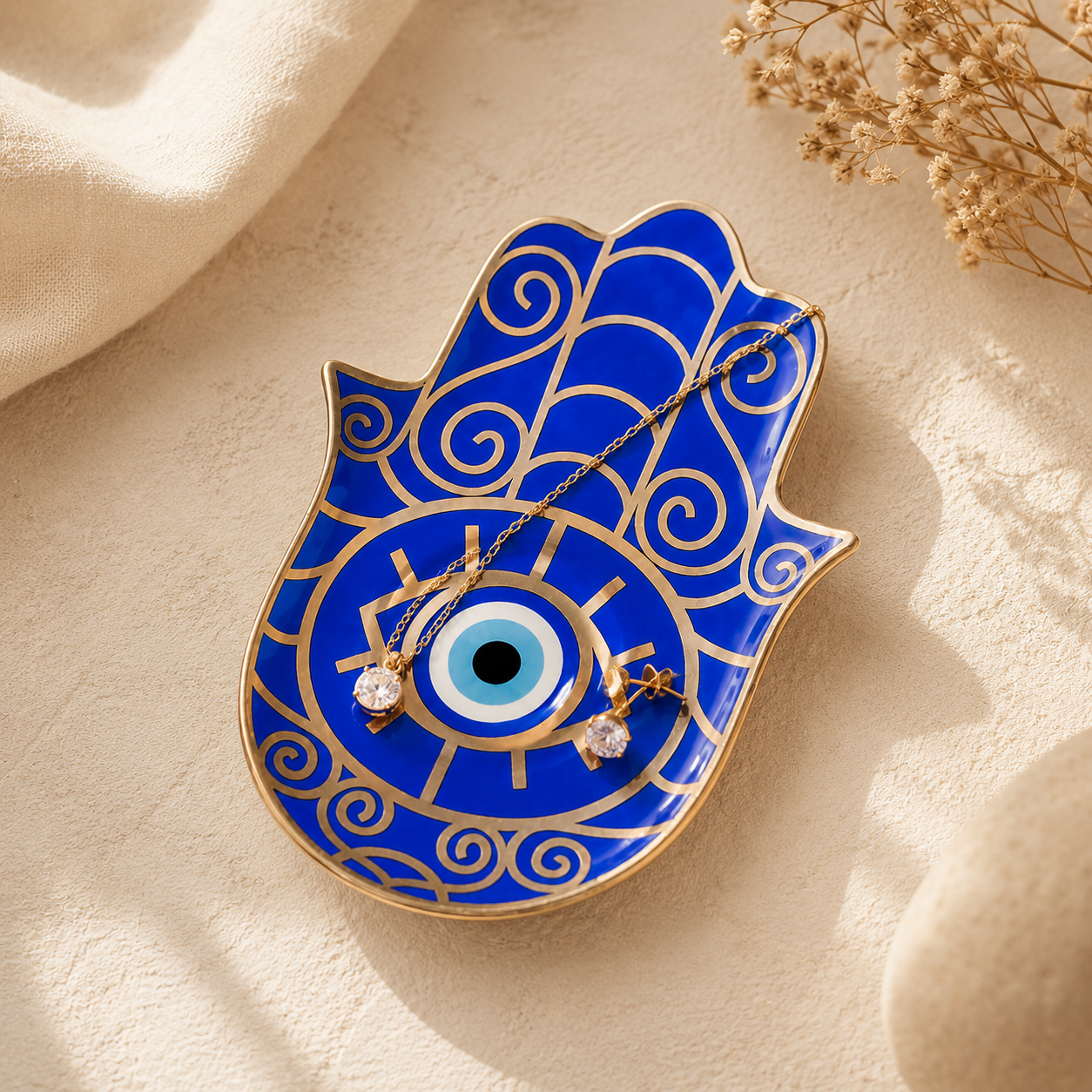 Blue Hamsa Evil Eye Ceramic Trinket Dish for rings, jewelry, keys, and crystals with glossy ceramic finish.