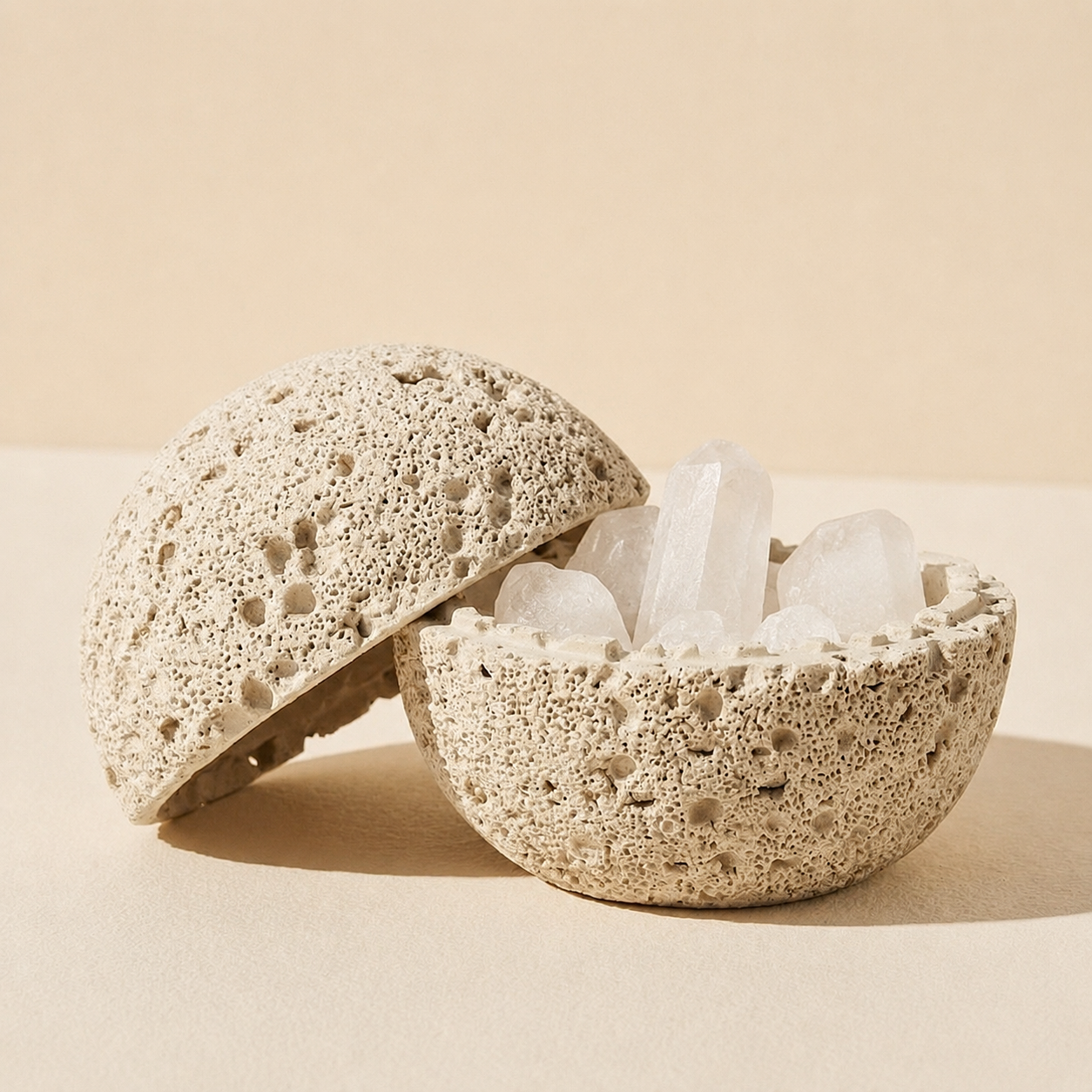 Volcanic crystal cleansing bowl with white quartz crystals and rose quartz accents on a warm beige background