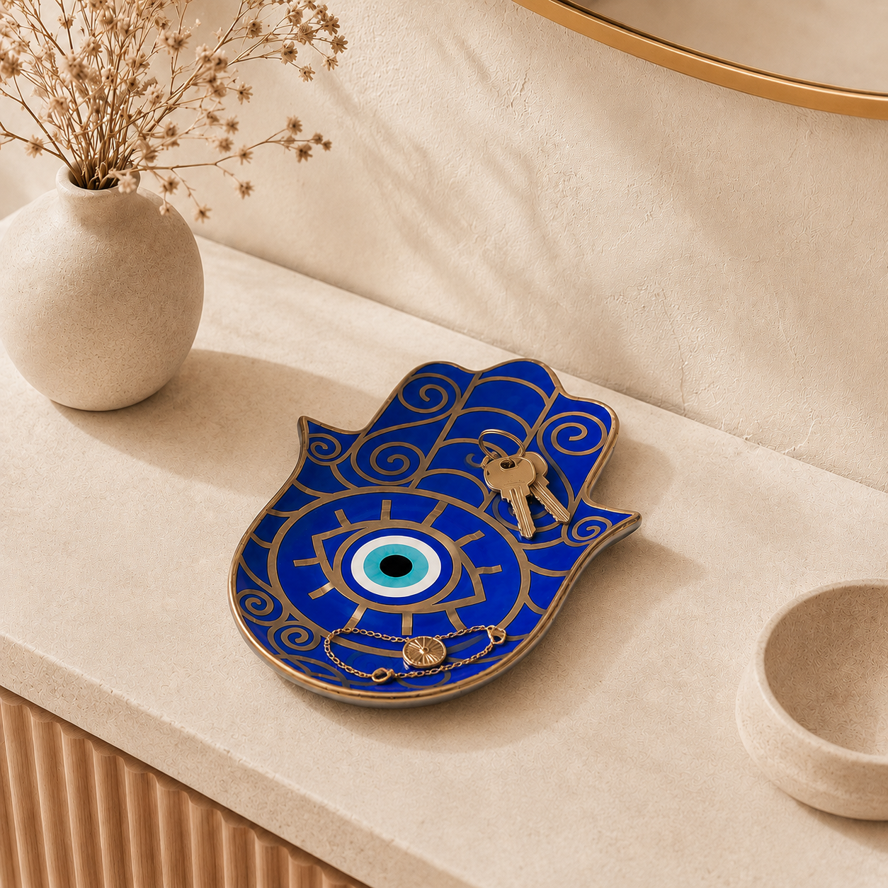 Blue Hamsa Evil Eye Ceramic Trinket Dish for keys, jewelry, and daily essentials styled as spiritual protection decor in an entryway.
