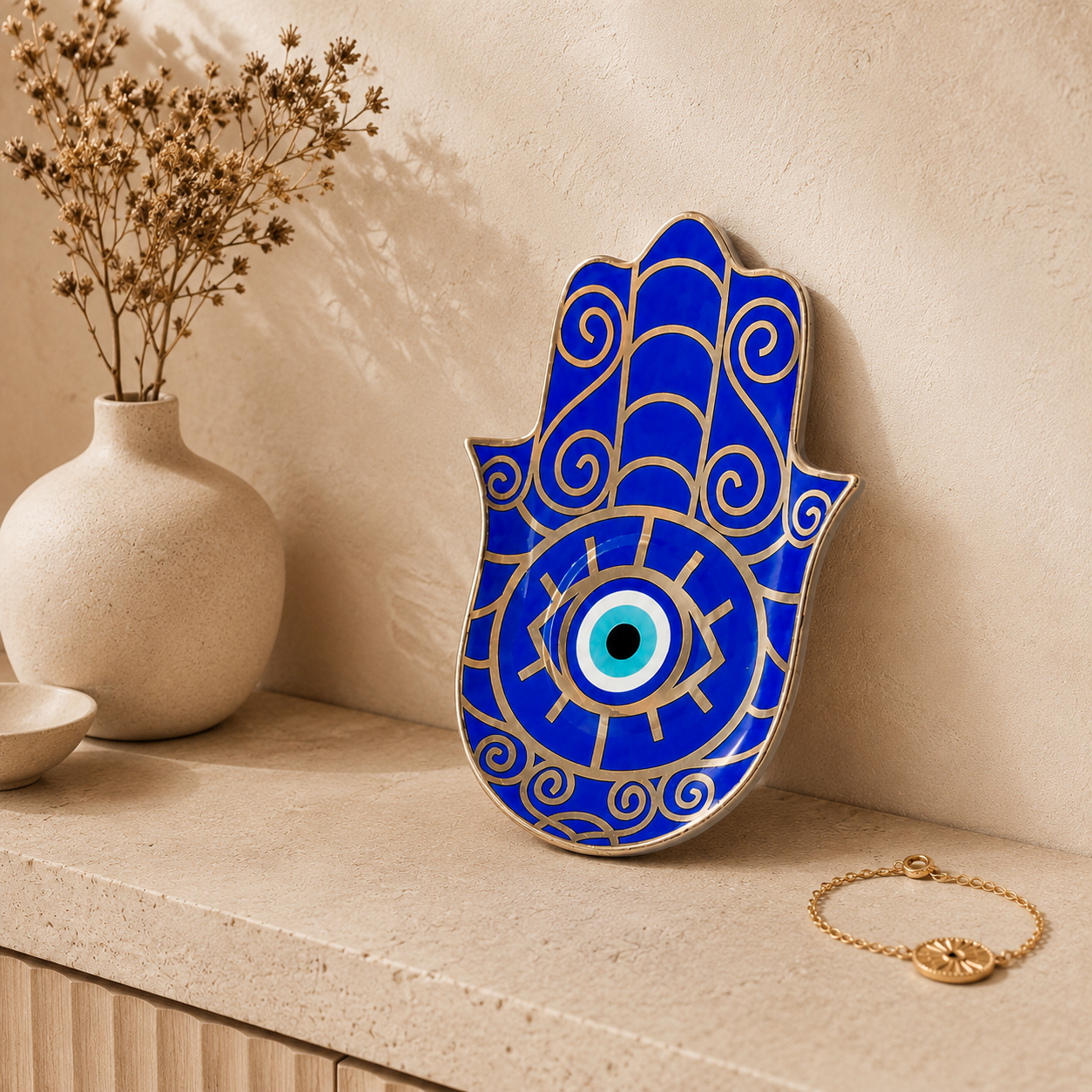 Blue Hamsa Evil Eye Ceramic Trinket Dish with classic protective eye design styled as spiritual home decor.