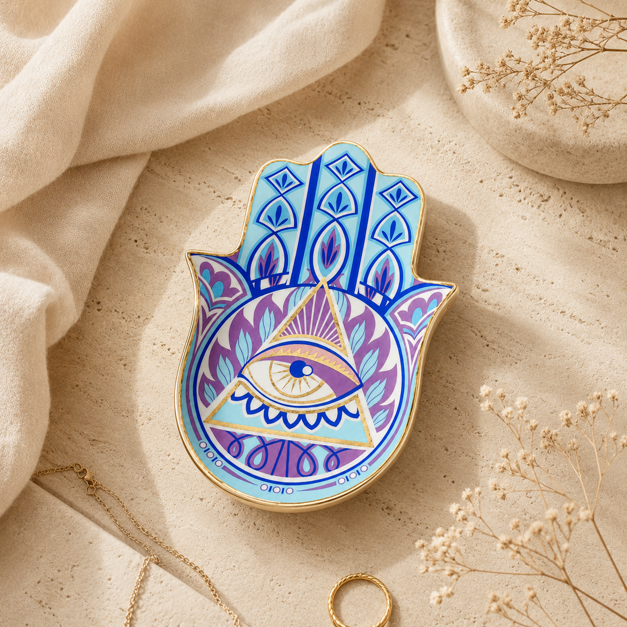 Hamsa Evil Eye Ceramic Trinket Dish for rings, jewelry, keys, and crystals with mystical blue purple eye design.