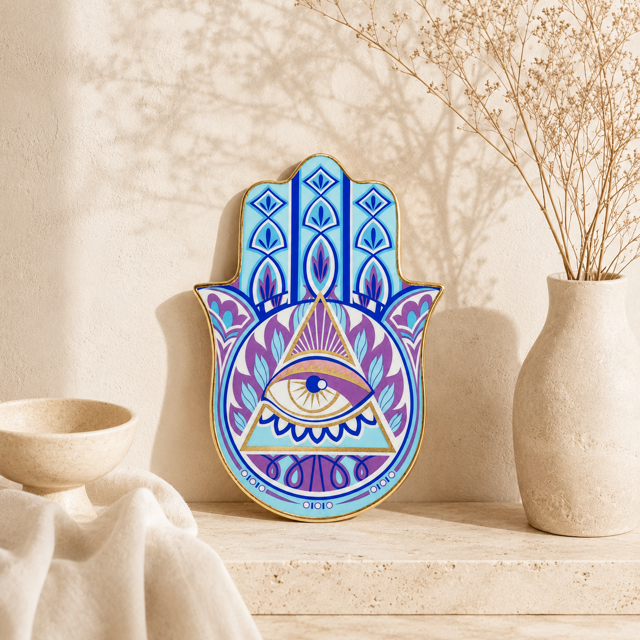Mystic Hamsa Evil Eye Ceramic Trinket Dish with triangle eye symbol displayed as intuition and spiritual clarity decor.