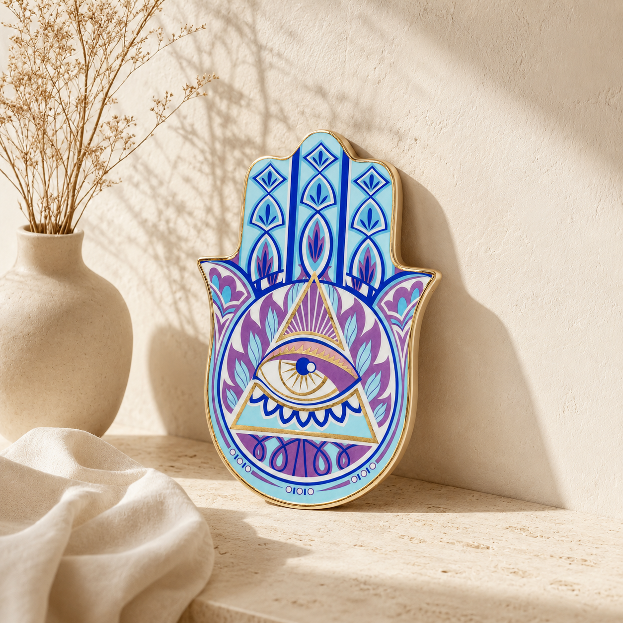 Hamsa Evil Eye Ceramic Trinket Dish with triangle eye symbol displayed as mystical spiritual home decor.
