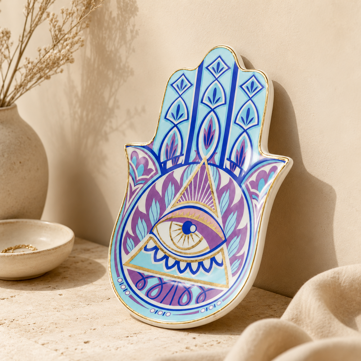Hamsa Evil Eye Ceramic Trinket Dish with mystical blue purple pattern, triangle eye symbol, gold details, and glossy ceramic finish.