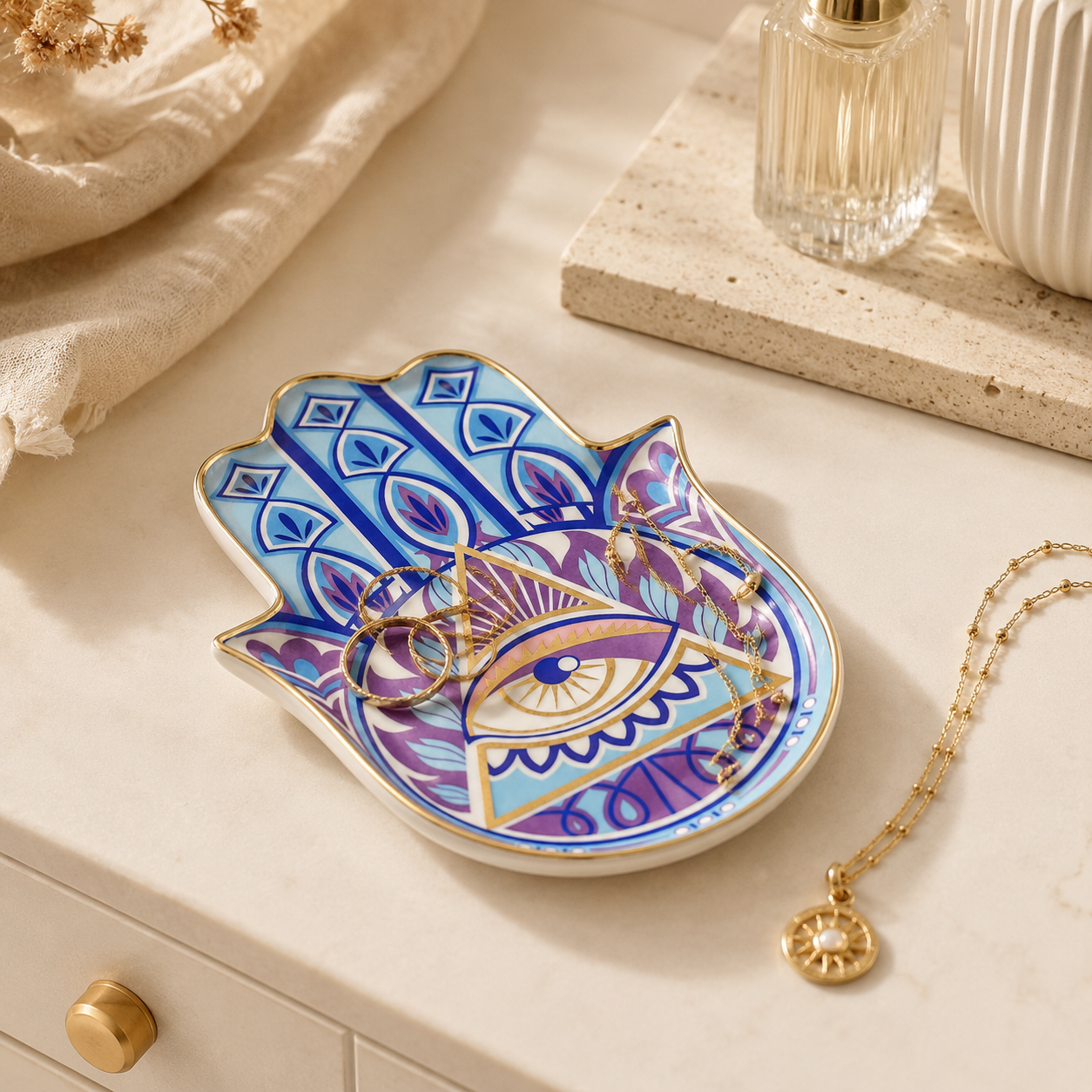 Hamsa Evil Eye Ceramic Trinket Dish for rings, jewelry, and crystals with blue purple triangle eye design and glossy ceramic finish.