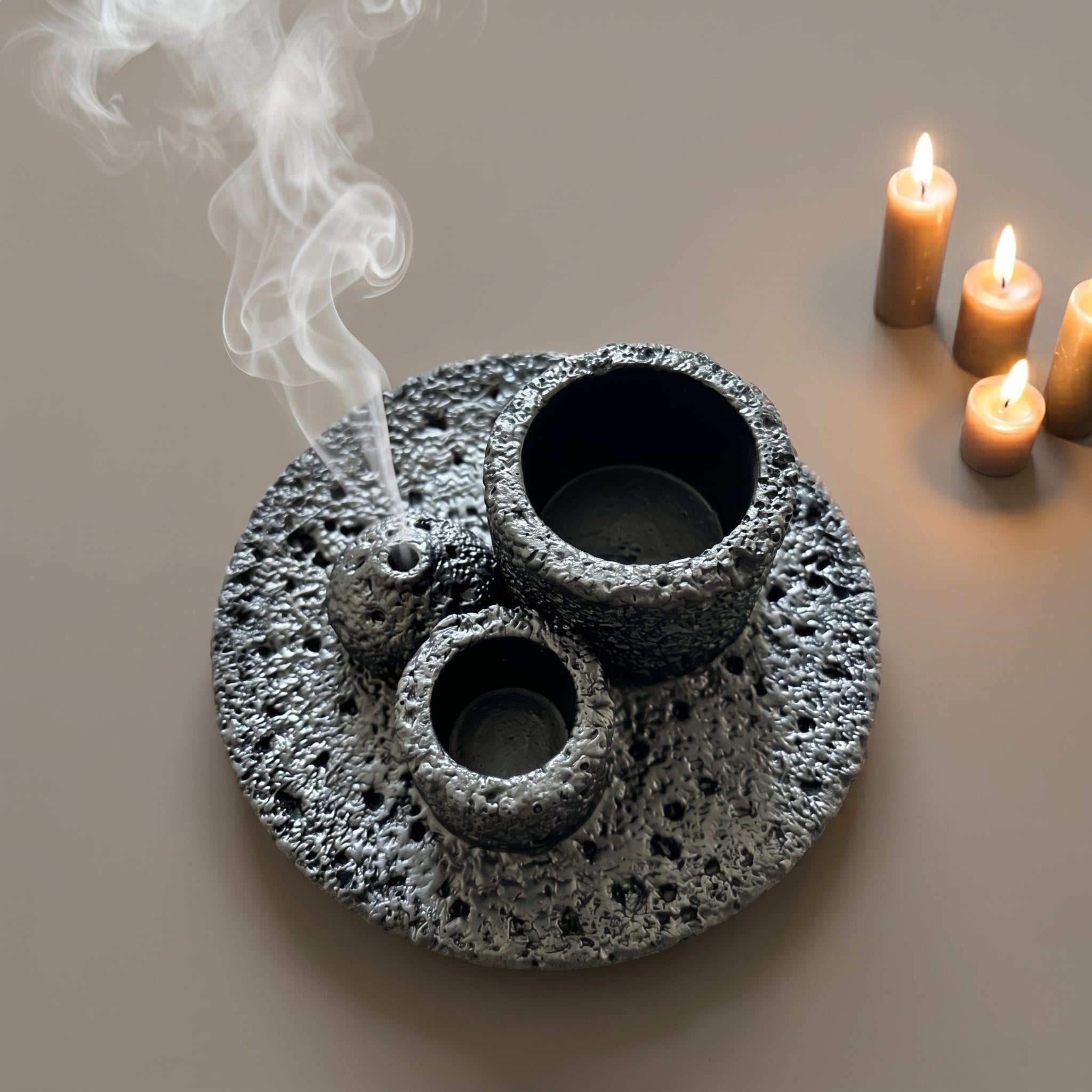 Modern concrete cleansing burner with smudge bowl, Palo Santo holder and incense smoke detail