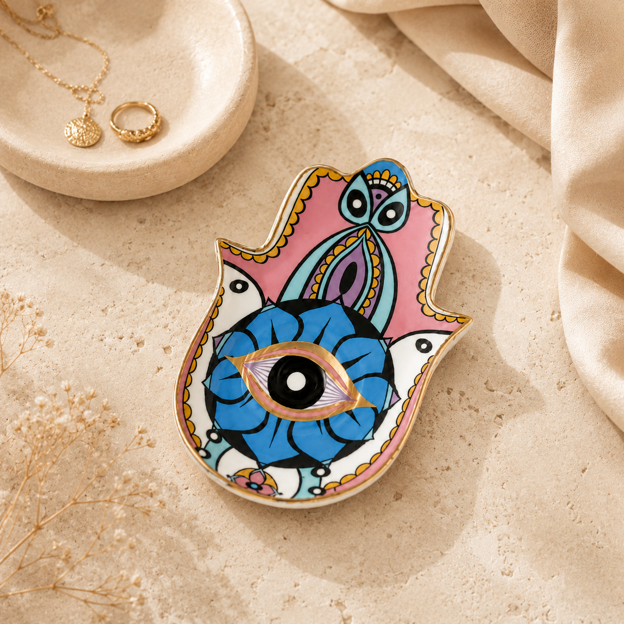 Pastel Hamsa Evil Eye Ceramic Trinket Dish for rings, jewelry, keys, and crystals with protective eye symbol and glossy ceramic finish.