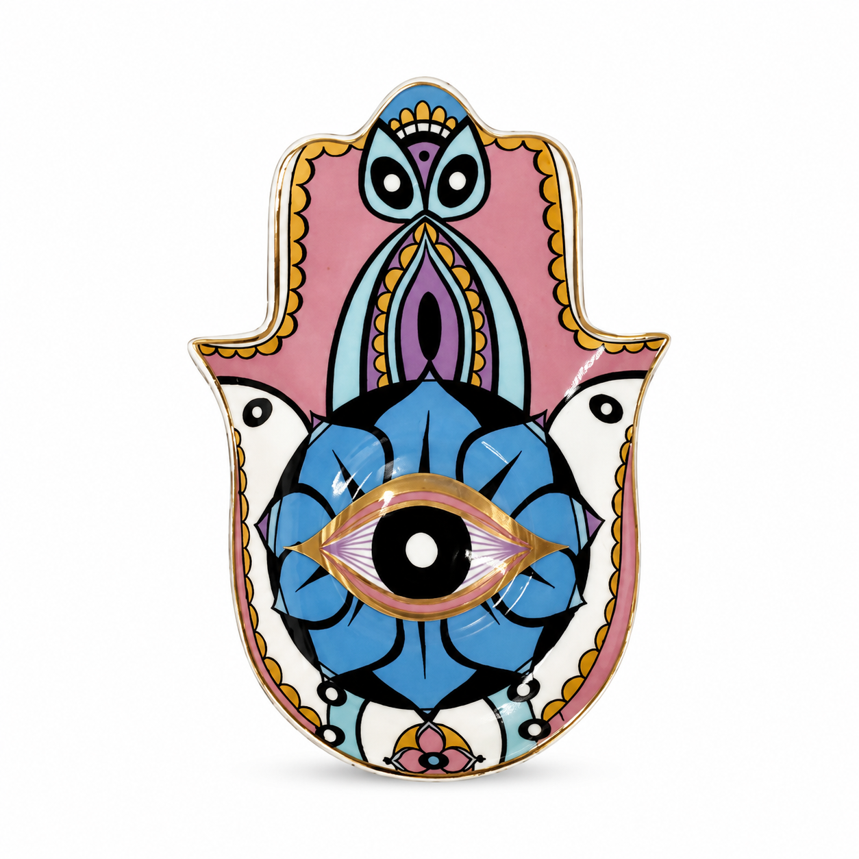 Pastel Hamsa Evil Eye Ceramic Trinket Dish with protective eye design styled as soft spiritual home decor beside fabric.
