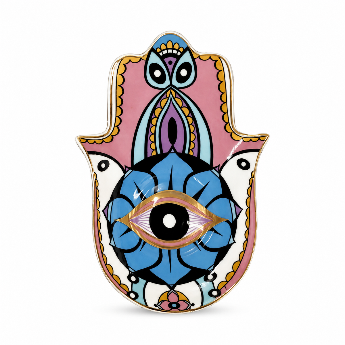 Pastel Hamsa Evil Eye Ceramic Trinket Dish with protective eye design styled as soft spiritual home decor beside fabric.