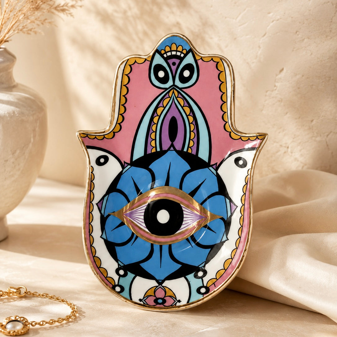 Pastel Hamsa Evil Eye Ceramic Trinket Dish with blue pink and gold details styled as self-care home decor.