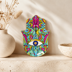 Hamsa Evil Eye Ceramic Trinket Dish with colorful protective eye design styled as positive energy home decor on a neutral shelf.