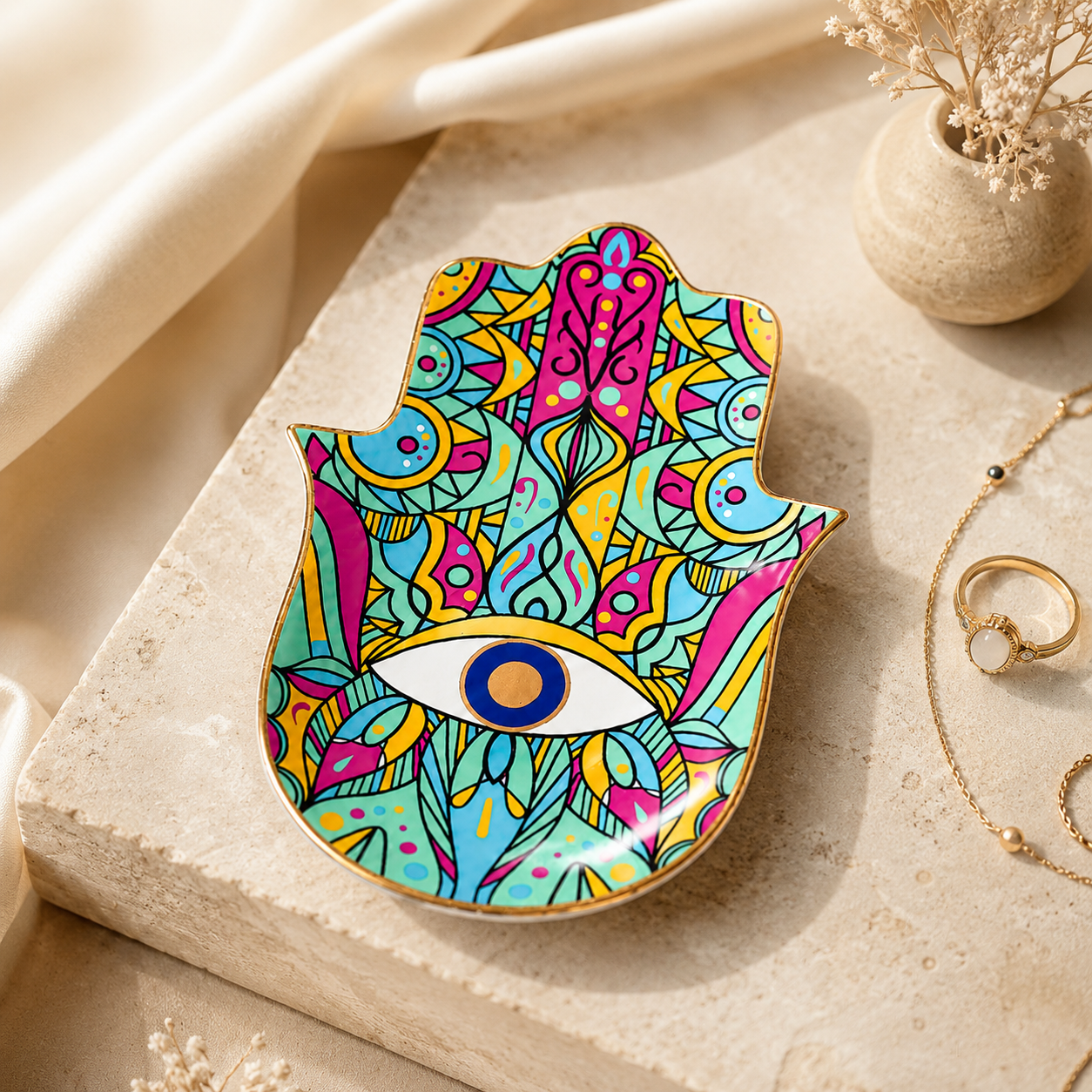 Colorful Hamsa Evil Eye Ceramic Trinket Dish for rings, jewelry, keys, and crystals with vibrant spiritual patterns and glossy finish.