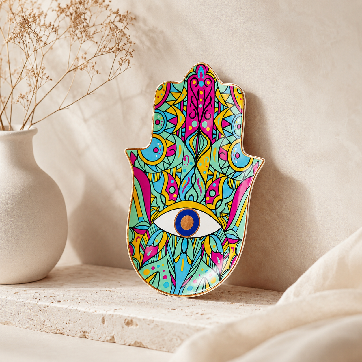 Colorful Hamsa Evil Eye Ceramic Trinket Dish with glossy finish displayed as spiritual protection decor on a neutral shelf.