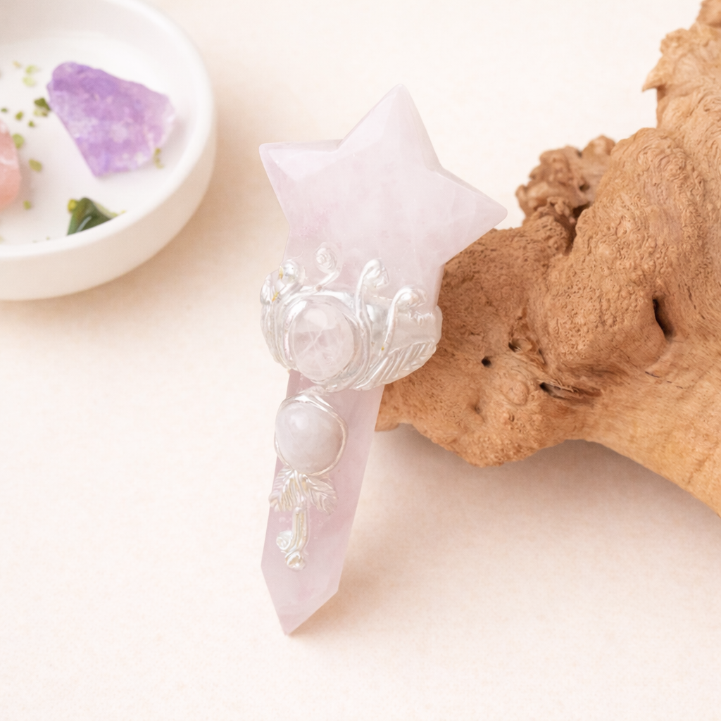 Star-shaped rose quartz crystal point representing love, self-care and heart-centered healing
