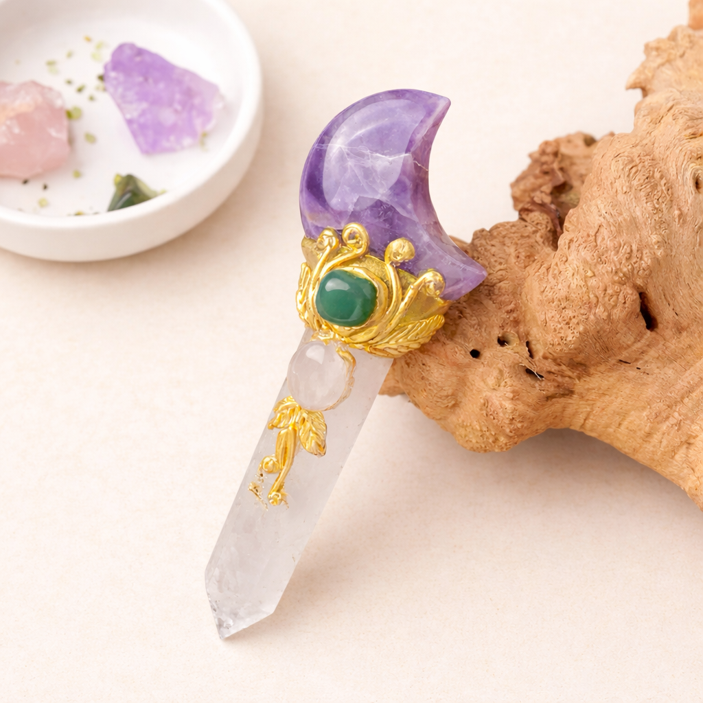 Moon-shaped crystal point with amethyst and clear quartz symbolizing calm, intuition and emotional balance
