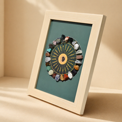 Runestone crystal wheel display frame with natural gemstone runes in a wooden frame for meditation and energy healing