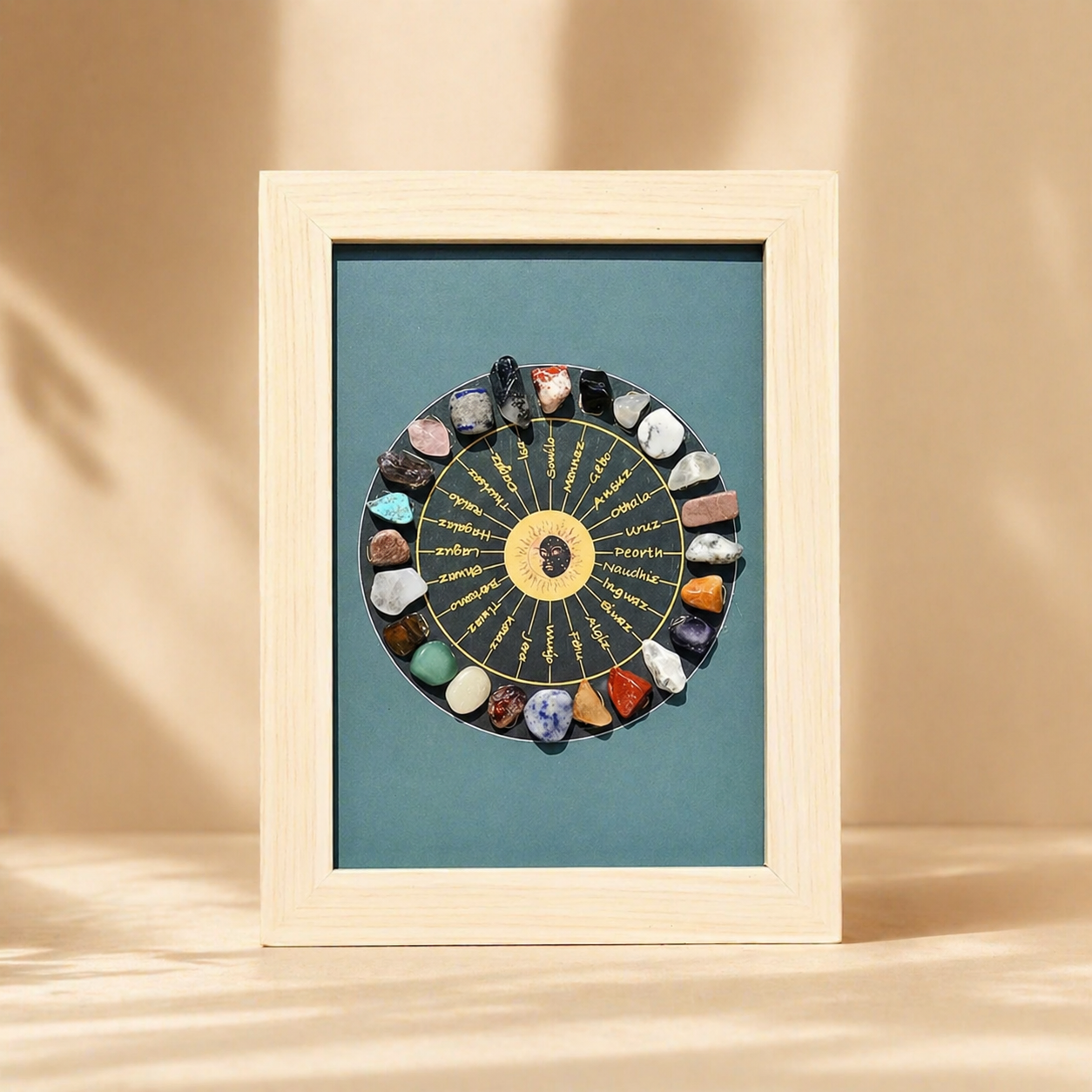 Front view of a runestone crystal wheel display frame with assorted gemstone runes and sacred wheel design