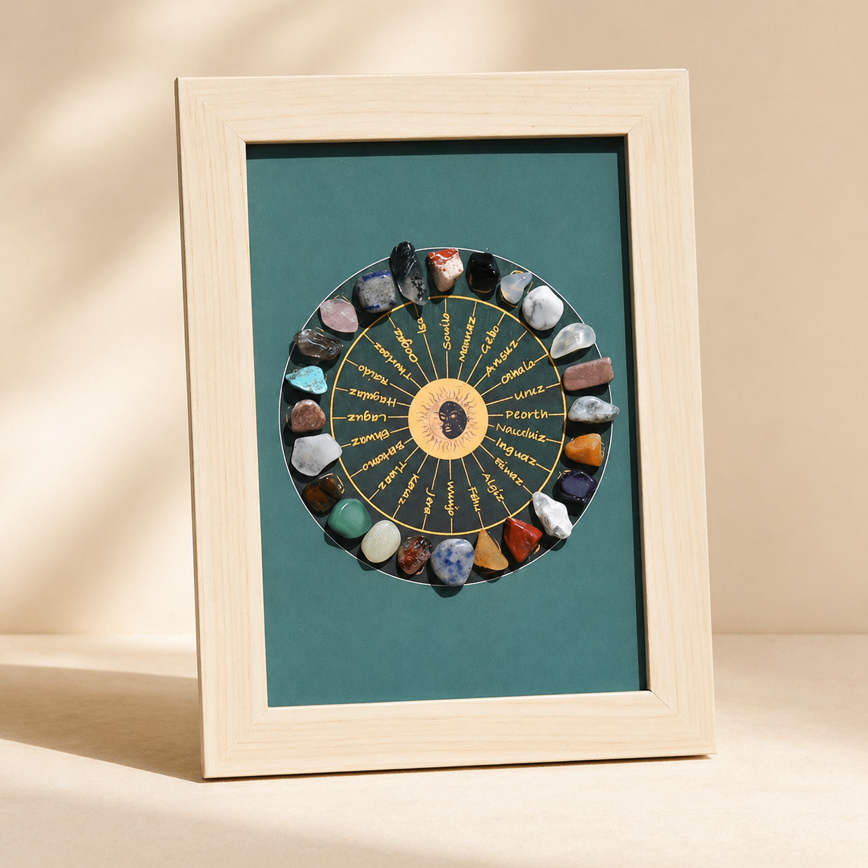 Close view of a runestone crystal wheel display frame with colorful gemstone runes and wooden frame on a neutral background