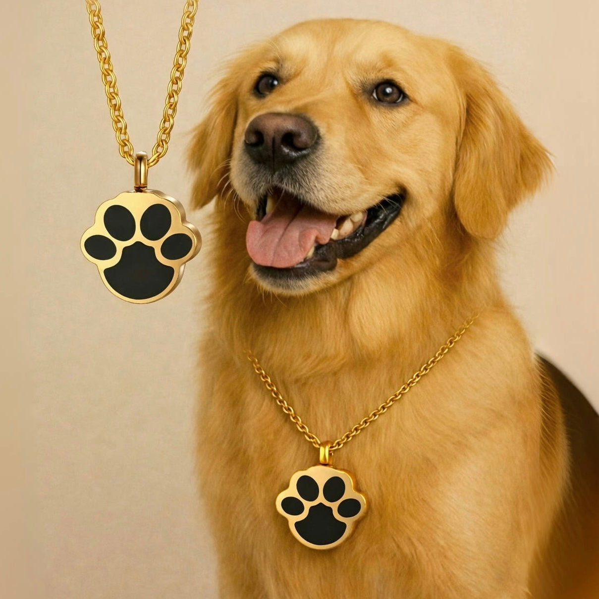 Dog wearing a gold necklace with a paw print pendant on a beige background