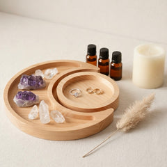 wooden moon sun ritual tray for crystal cleansing and energy work
