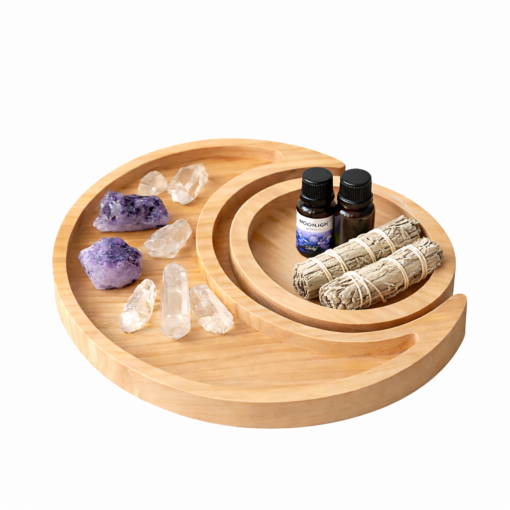 moon and sun healing ritual tray with crystals essential oils and sage for energy cleansing
