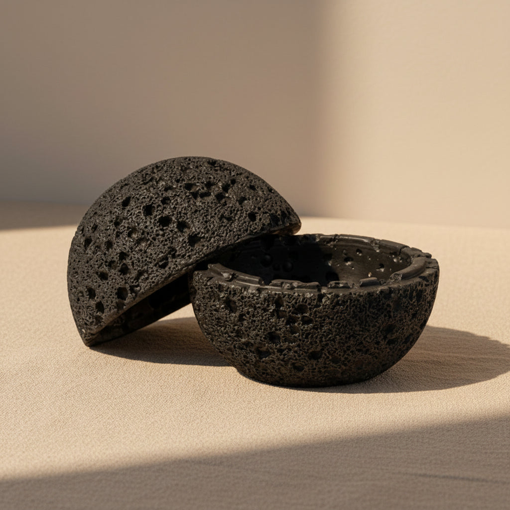 Black volcanic stone with a textured surface on a white background