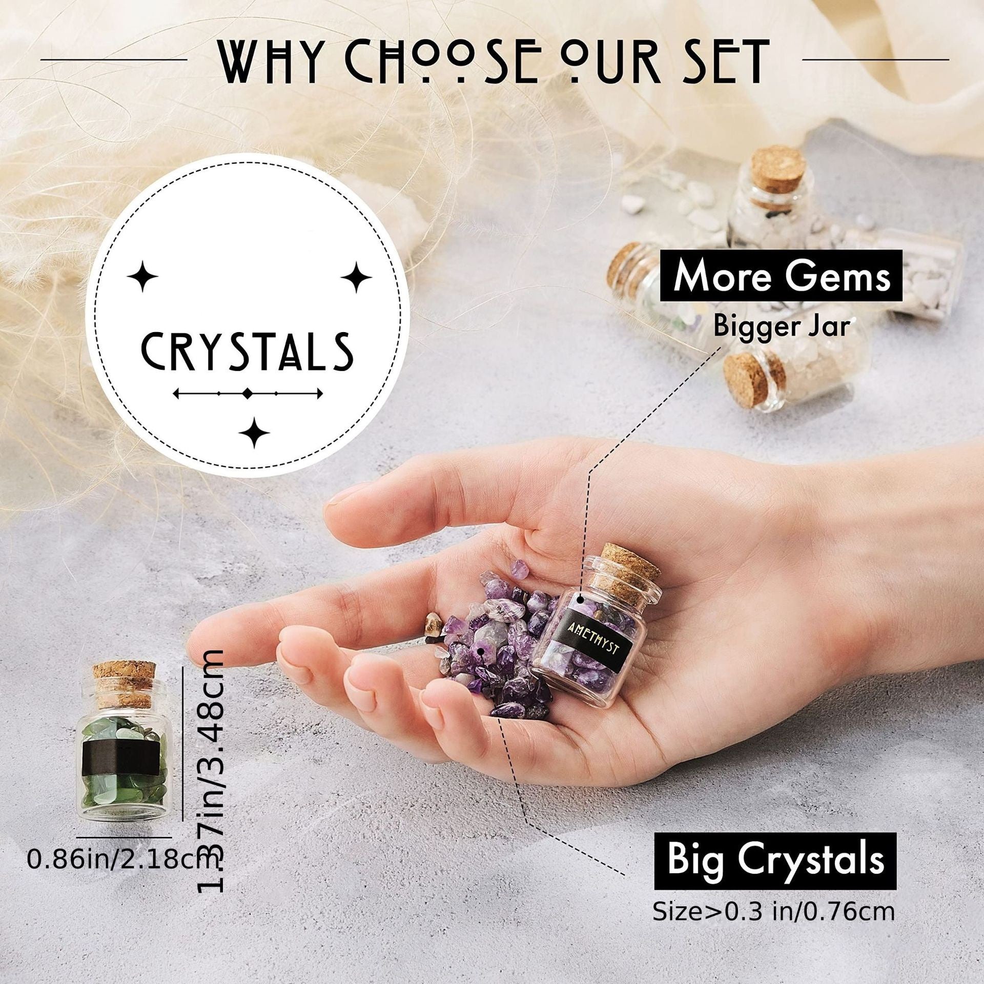 assorted natural crystal chips in glass bottles