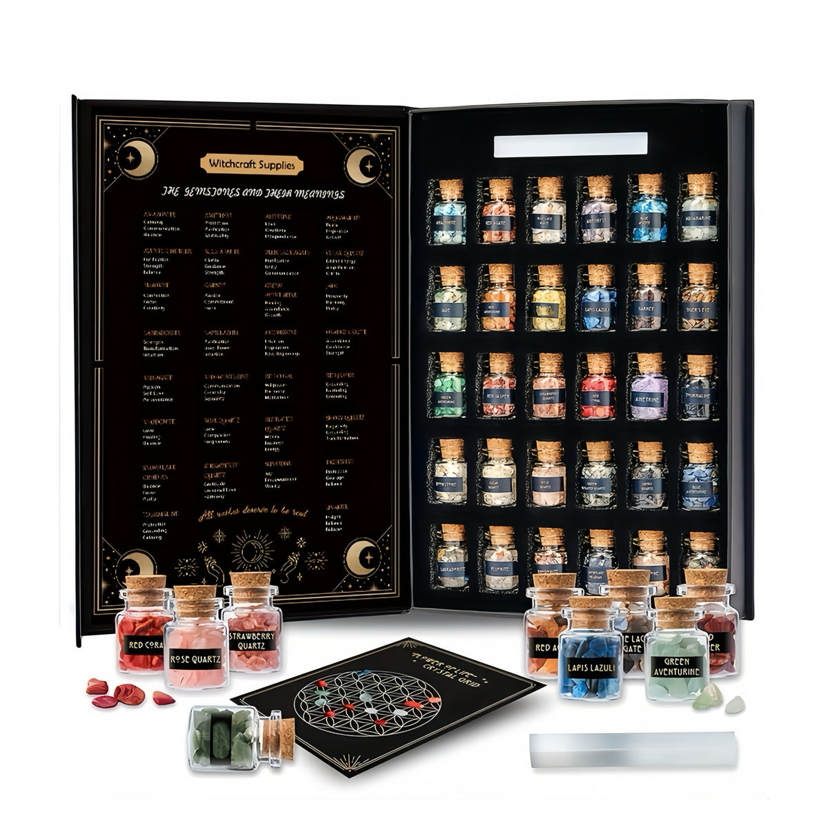 30-piece crystal starter kit with mini crystal bottles and selenite stick