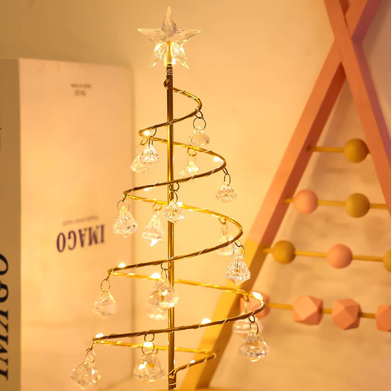 Golden spiral Christmas tree lamp with crystal-style ornaments