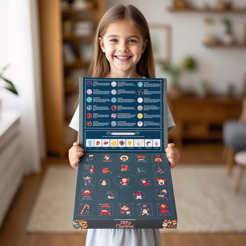 child holding christmas gemstone advent calendar
