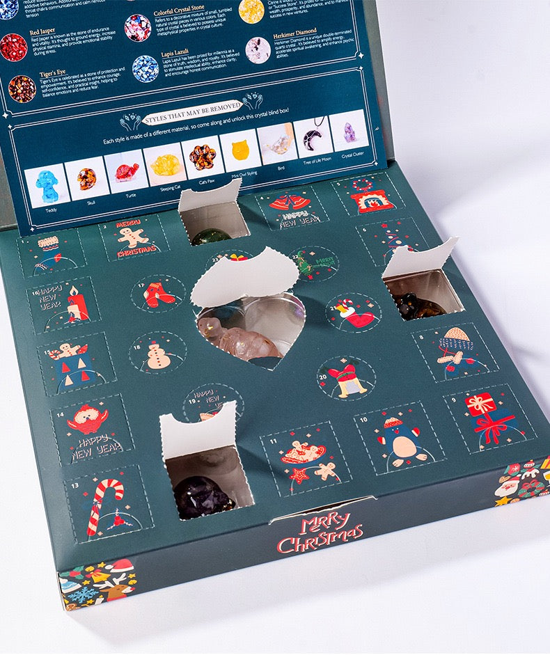 open advent calendar showing natural crystals inside compartments