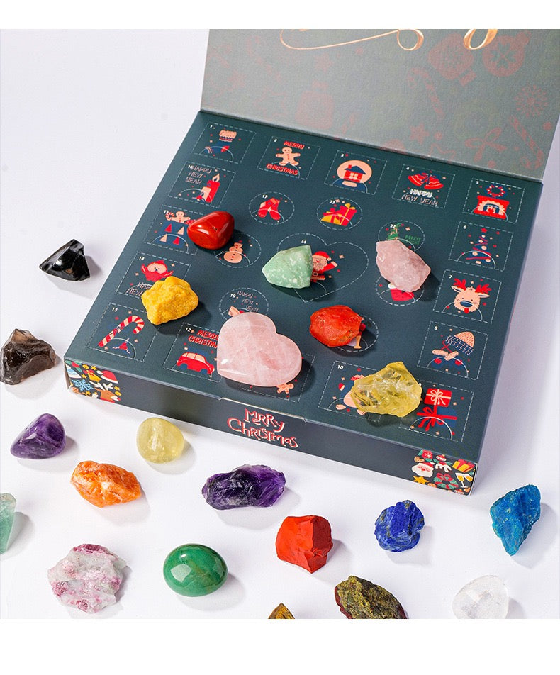 open advent calendar showing natural crystals inside compartments