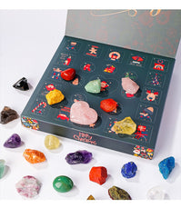 open advent calendar showing natural crystals inside compartments