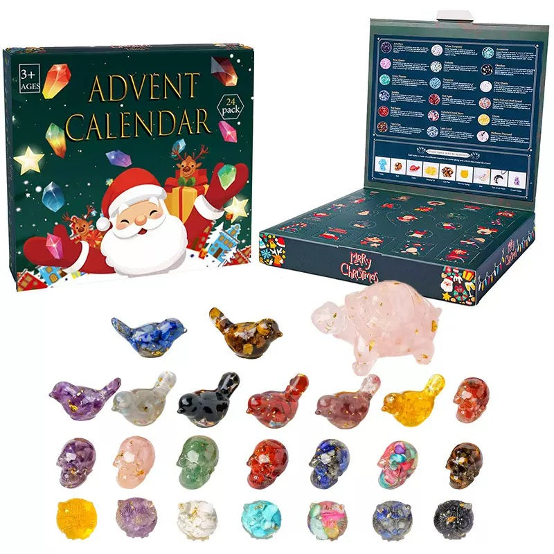 open advent calendar showing natural crystals inside compartments