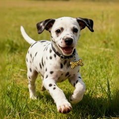 Bone-shaped crystal pet tag attached to dog collar