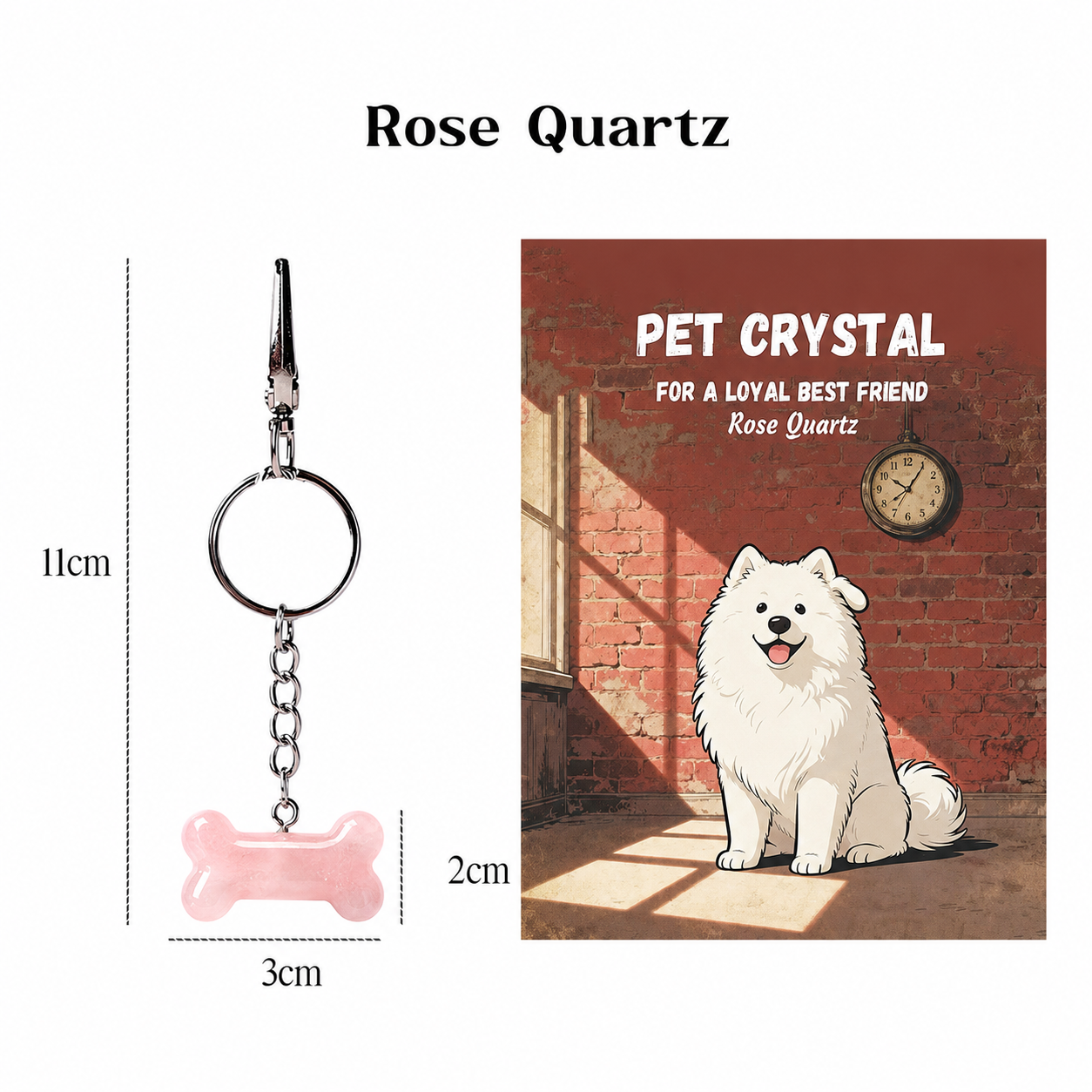 Pet crystal keychain with dimensions and a cartoon dog illustration on a white background