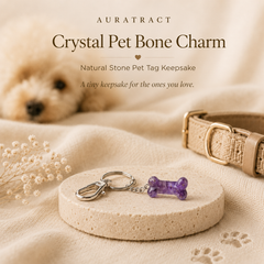 Amethyst crystal pet bone charm with silver keyring on soft neutral pet keepsake display